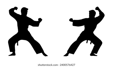 Black silhouettes of karate fighting, Single combats, a set of silhouettes of a karate in different poses