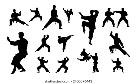 Black silhouettes of karate fighting, Single combats, a set of silhouettes of a karate in different poses