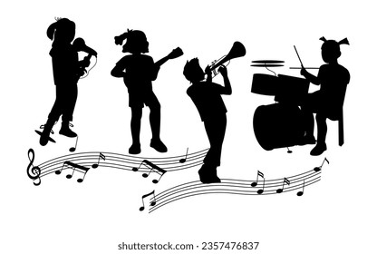 Black silhouettes of kids play musical instruments, children development and creativity concept, flat cartoon vector illustration on white background. . Children play music contours set.