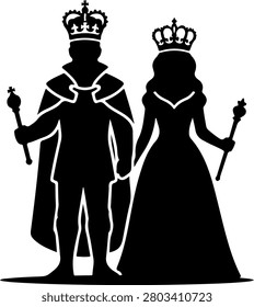 Black silhouettes of king and queen wearing ornate crowns vector illustration Royal king and queen silhouette pair with detailed crowns stylized vector design