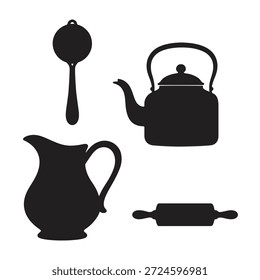 Black silhouettes of kitchen on white background kettle