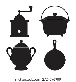 Silhuetas pretas de utensílios de cozinha e moedor de café de cozinha