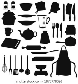 Black silhouettes of kitchen utensils and supplies, cartoon vector illustration isolated on white background. Household kitchen equipment and kitchenware collection.