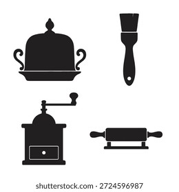Schwarze Silhouetten von Küchenutensilien und -werkzeugen