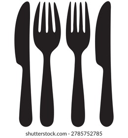 Black silhouettes of kitchenware including knives and forks perfect for restaurant menus dining room decor and culinary design projects in simple vector style.