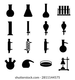 Black silhouettes of lab equipment, flasks, test tubes, condenser, scientific chemistry tools.