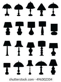 Black silhouettes of lamps and lighting, vector