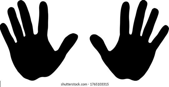 Black silhouettes of the left and right palms on a white background. The prints of both hands. Easily scalable vector illustration, isolated.