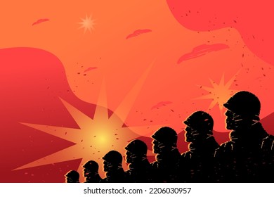 Black silhouettes of a line of soldiers against a background of red sky and explosions, the concept of militarization and mobilization in a war zone.