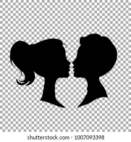 Black silhouettes of loving couple isolated on transparent background. Monochrome vector illustration, icon, love symbol, sign, clip art.