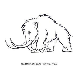 Black silhouettes of mammoths on a white background. Prehistoric animals of the ice age in various poses. Elements of nature and evolutionary development. Vector illustration
