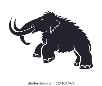 Black silhouettes of mammoths on a white background. Prehistoric animals of the ice age in various poses. Elements of nature and evolutionary development. Vector illustration
