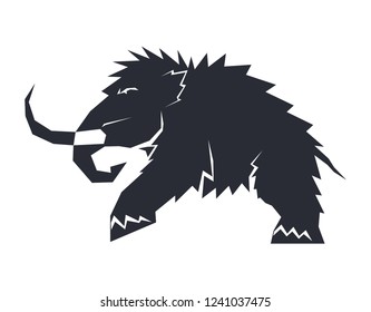 Black silhouettes of mammoths on a white background. Prehistoric animals of the ice age in various poses. Elements of nature and evolutionary development. Vector illustration
