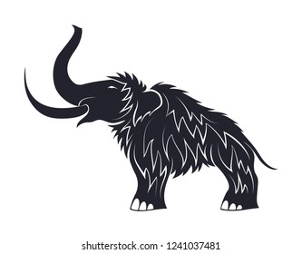 Black silhouettes of mammoths on a white background. Prehistoric animals of the ice age in various poses. Elements of nature and evolutionary development. Vector illustration
