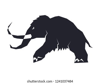 Black silhouettes of mammoths on a white background. Prehistoric animals of the ice age in various poses. Elements of nature and evolutionary development. Vector illustration
