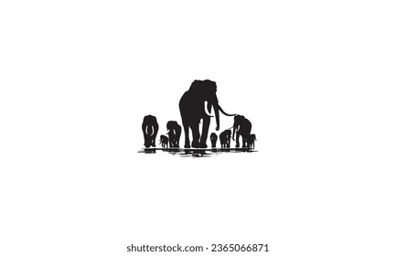 Black silhouettes of mammoths on a white background 