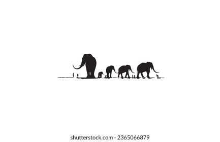 Black silhouettes of mammoths on a white background 
