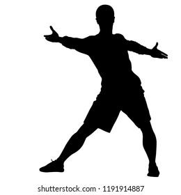 Black silhouettes man with arm raised on a white background