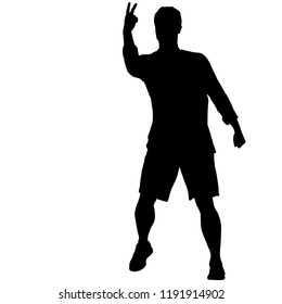 Black silhouettes man with arm raised on a white background