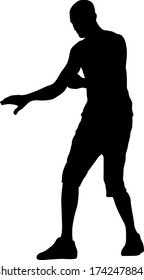 Black silhouettes man with arm raised on a white background