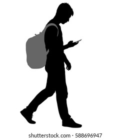 Black silhouettes man with backpack on a back. Vector illustration