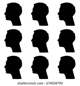 Black silhouettes of man heads in profile on white background. Vector illustration for avatars or internet.