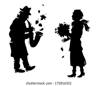 black silhouettes: a man playing the saxophone and the woman listens