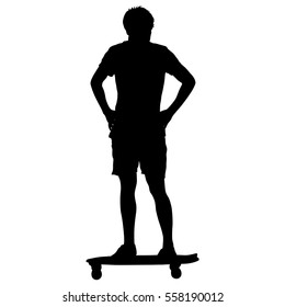Black silhouettes man standing on a skateboard white background. Vector illustration