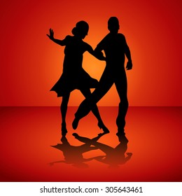 Black silhouettes of the man and the woman dancing jive. Vector illustration