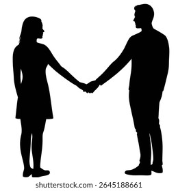 Black silhouettes of a man and woman holding hands against a white background. The vector illustration features a simple minimalist style.