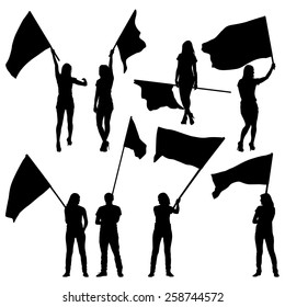 Black silhouettes of  mans and womans with flags on white background. Vector illustration. 