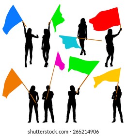 Black silhouettes of  mans and womans with flags on white background. Vector illustration.