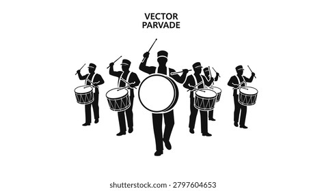 Black silhouettes of a marching band ensemble playing drums and musical instruments in a parade formation