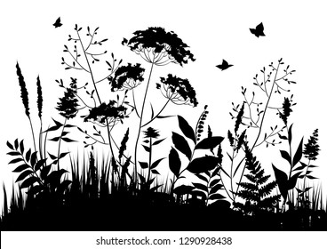 Black silhouettes of meadow wild herbs. Wildflowers. Floral background. Wild grass. Vector illustration.