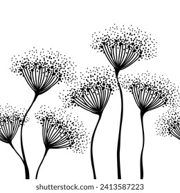 Black silhouettes of meadow wild herbs. Wildflowers. Floral background. Wild grass. Vector illustration.