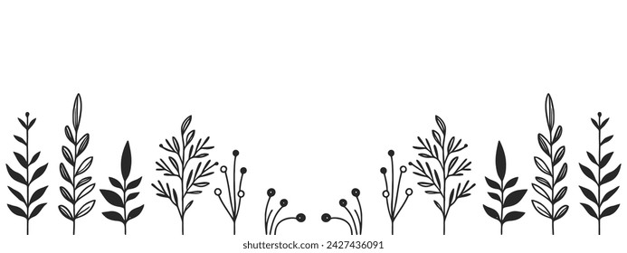 Schwarze Silhouetten von Wiese Wildkräuter und Blumen. Wildblumen. Blumenhintergrund. Wildes Gras. Vektorgrafik.