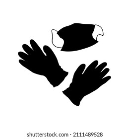 Black silhouettes of medical gloves and face mask on white.