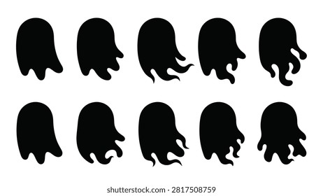 Black silhouettes of melting or dissolving ghosts set on white background. Creative design elements perfect for Halloween themes including dripping shapes and flowing spectral forms suitable for unique graphic layouts and festive seasonal projects.