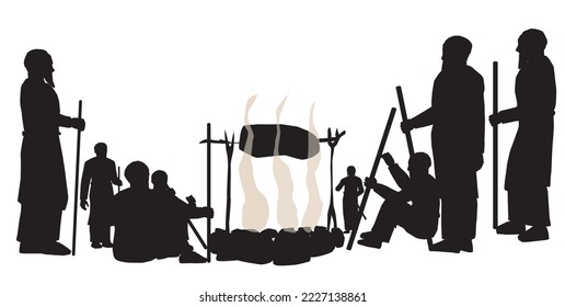 Black silhouettes of men and boys stand around the fire. The historical figures are dressed in robes and have sticks in their hands. A circle of stones and a facility for roasting lamb. Vector 