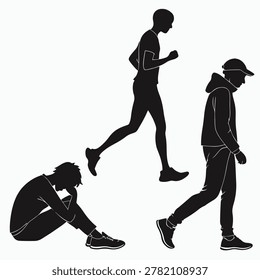 Black silhouettes of men performing various actions including running walking and sitting down in a thoughtful posture created as a high quality scalable vector graphic illustration