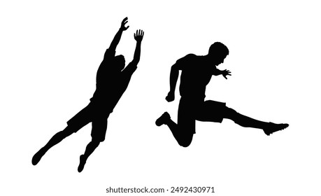 Black silhouettes of men playing a sport, one is jumping and one is reaching up.