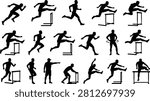 Black silhouettes of men running and jumping over hurdles athletic athlete
