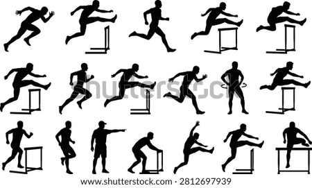 Black silhouettes of men running and jumping over hurdles athletic athlete