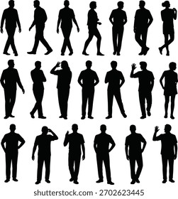 Silhuetas pretas de homens em várias poses no fundo branco