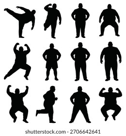 Black silhouettes of men in various poses action standing