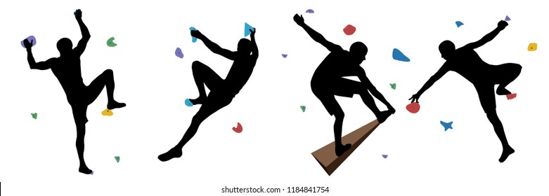 Black silhouettes of men who climb on a wall in a climbing gym isolated on a white background. Vector illustration.