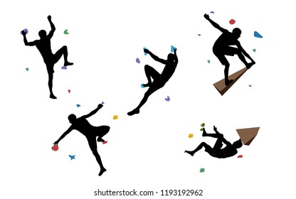 Black silhouettes of men who climb on a wall in a climbing gym isolated on a white background. Vector illustration.