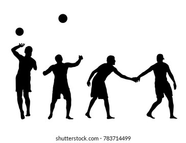 Black silhouettes of men who play volleyball. They clap their hands and hit the ball