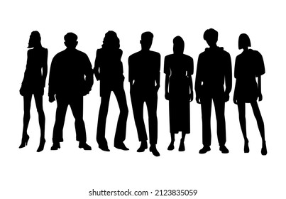 Black silhouettes of men and women on a white background. A group of standing people. Vector illustration