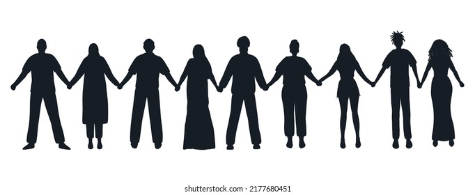 Black silhouettes of men and women. People holding hands. Stronger together concept. Solidarity of different men and women. Different human silhouettes. Vector illustration